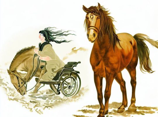 ilustração de um cavalo, uma égua e um humano sem uma perna
