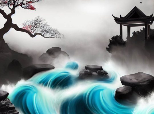 ilustração chinesa de um rio a fluir rapido