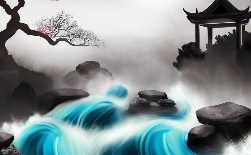 ilustração chinesa de um rio a fluir rapido