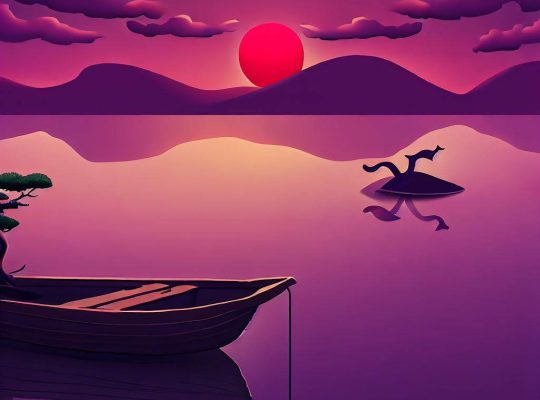 Ilustração de um barco vazio num lago perante um bonito por do Sol