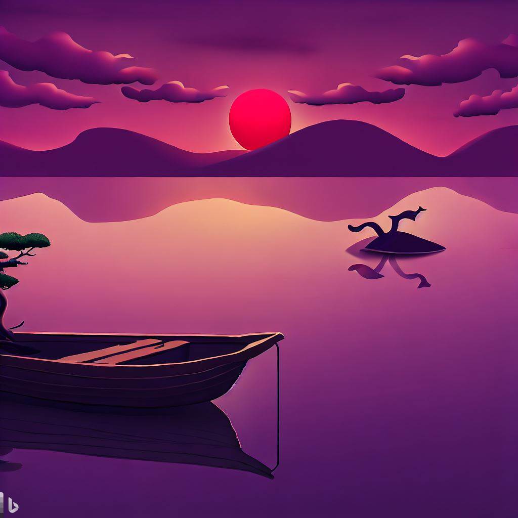 Ilustração de um barco vazio num lago perante um bonito por do Sol